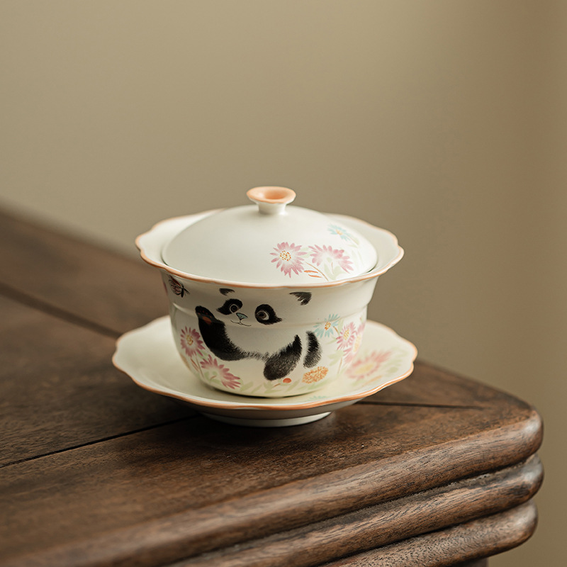 Panda chơi bướm miệng hoa bầu nắp bát màu be gốm sứ Dingyao bát trà ba tài dụng cụ trà cốc trà lớn chống bỏng