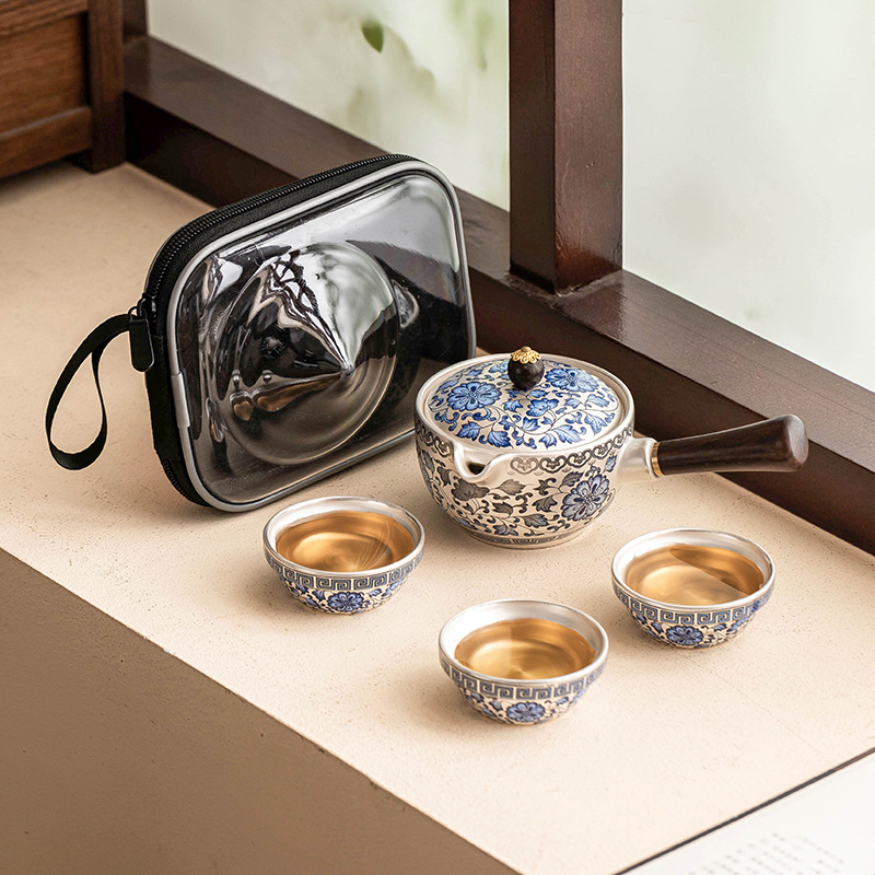 Bộ ấm trà du lịch mạ bạc 999 cây sen nhà xưởng, một ấm ba cốc, cốc khách nhanh di động, cốc bên tay cầm, cốc trà