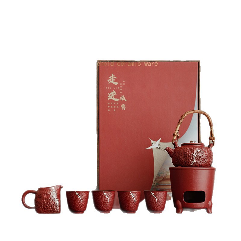 Lò nung đỏ Tử Cấm Thành nấu trà trọn bộ bếp nấu trà có cồn, bộ trà, hộp quà tặng tặng tiệc sinh nhật cho người lớn tuổi