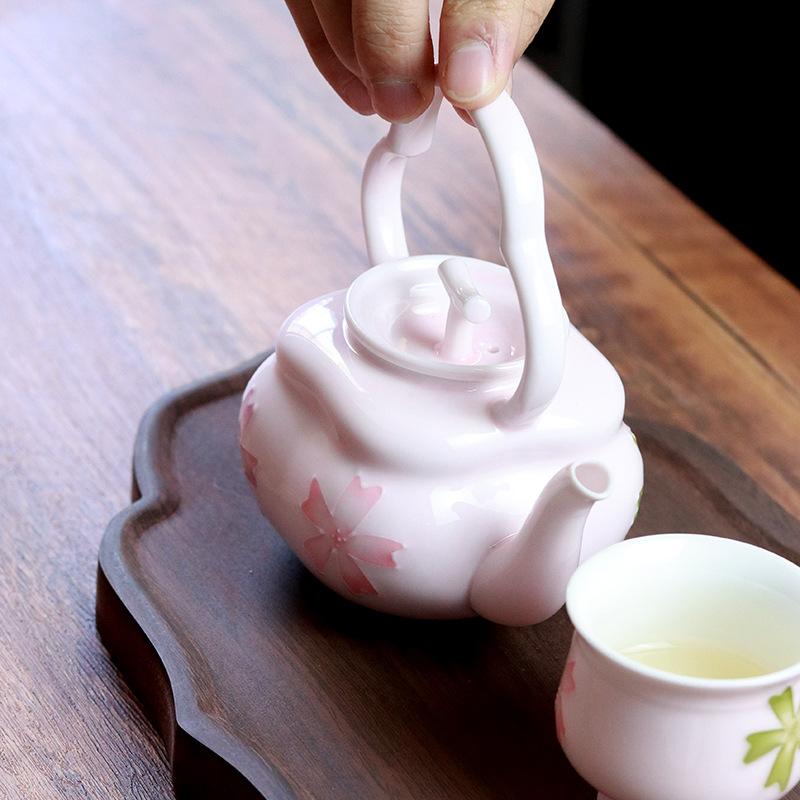 Ấm trà màu sơn bóng Arita vẽ tay ấm trà màu hồng hoa anh đào ấm trà gốm sứ Kung Fu ấm trà đơn giản gia dụng