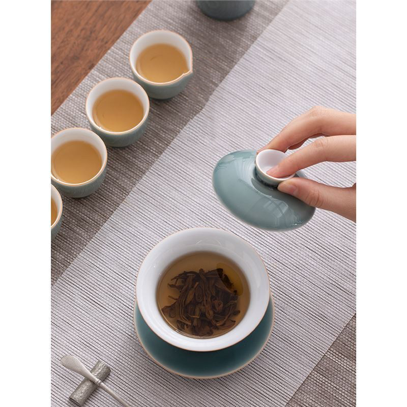 Yanyu Qingshan Sancai có nắp Bát trà đơn cao cấp có nắp Bát trà bộ trà men xám xanh không nóng
