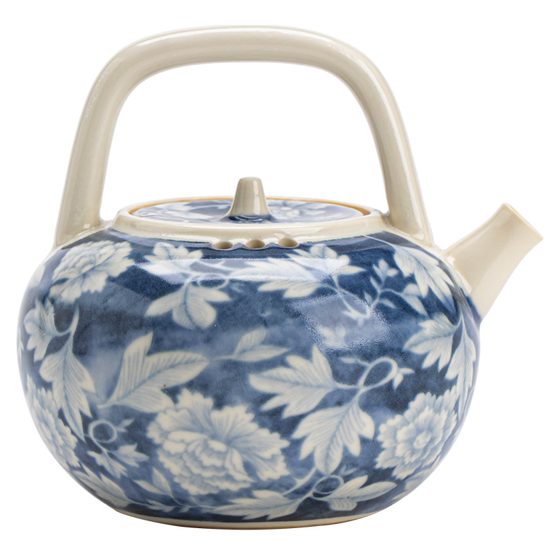 Ấm pha trà màu xanh và trắng tráng men soda, ấm đơn bằng sứ, ấm tay cầm, ấm tay cầm, ấm giọt nước, bộ trà Kung Fu