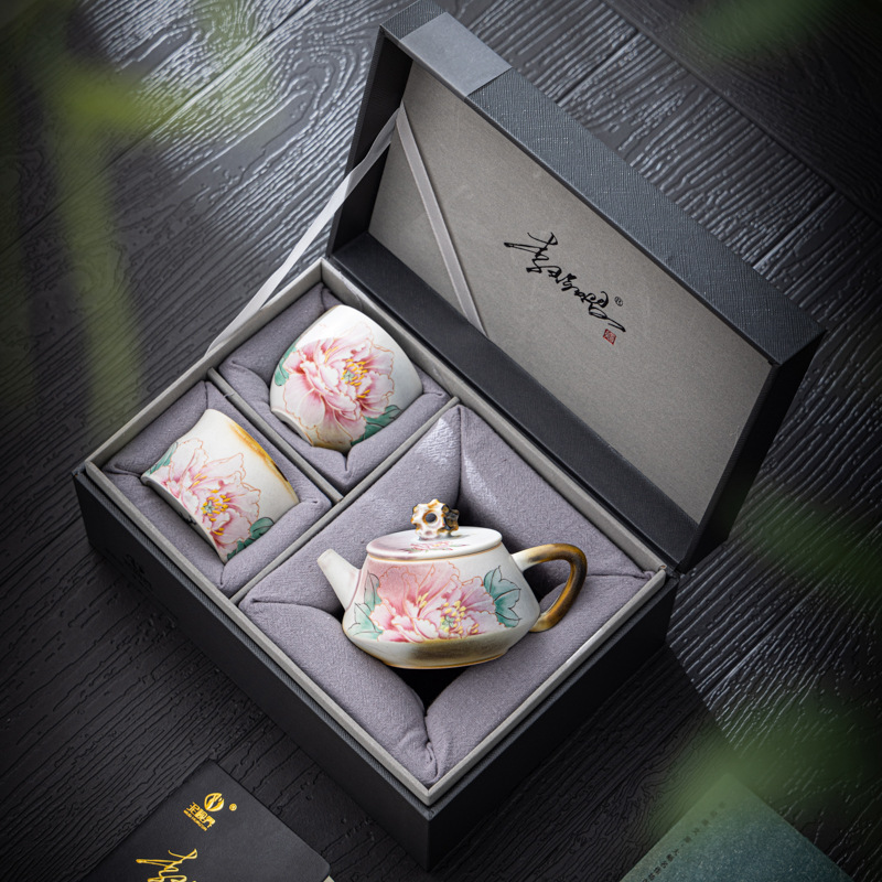 Bộ ấm trà Kung Fu sáng tạo hoa mẫu đơn vẽ tay của Li Huiyi, một ấm hai cốc, quà tặng cho mẹ và người lớn tuổi