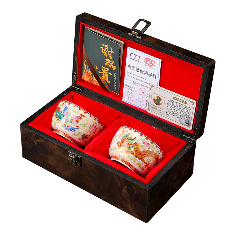 Cốc trà tráng men mạ vàng đám cưới rồng phượng chủ bộ trà gốm sứ bát trà nút thắt quà cưới bán buôn