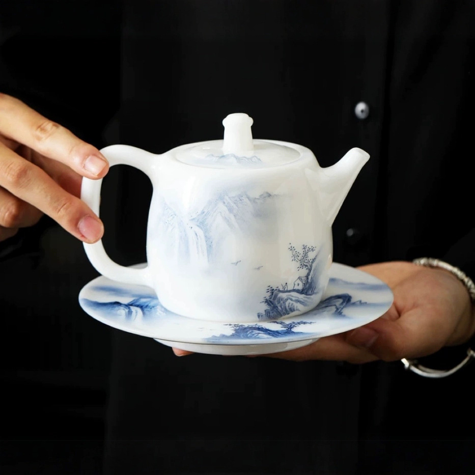 Guo Zhibao cao cấp mỡ cừu ngọc bích băng ngọc bích sứ vẽ tay ấm trà gốm sứ gia dụng thủ công ấm trà Kung Fu