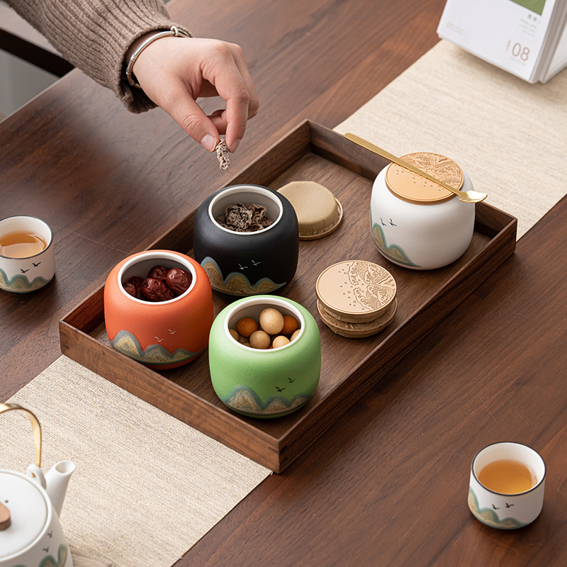 Guochao Văn hóa và Sáng tạo Hộp đựng trà Gốm Vẽ tay cao cấp Hộp đựng trà xanh đỏ Pu'er nửa catty có thể đóng gói logo