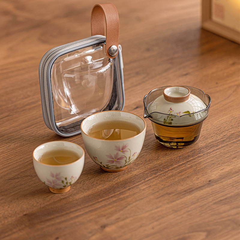 Vẽ tay hoa cúc nhỏ cốc khách nhanh gốm sứ ngoài trời một bình Hai cốc Bộ trà du lịch ấm trà Di động Túi du lịch