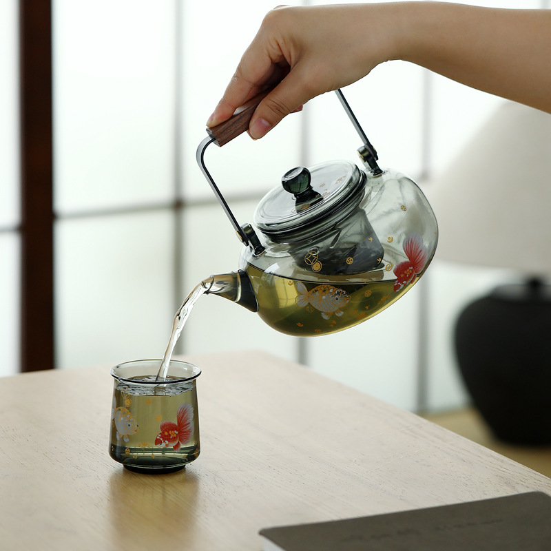 Bộ ấm chén trà Kung Fu bằng thủy tinh borosilicat cao cấp, họa tiết thủ công, màu xanh lá cây, kèm chén uống trà nhanh.