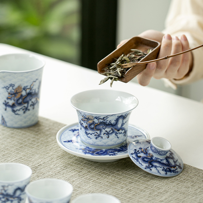 Bát có nắp tam tài hoa văn rồng sai vàng bạc xanh cổ dụng cụ pha trà công phu gốm sứ giá sỉ bộ pha trà cao cấp gia dụng