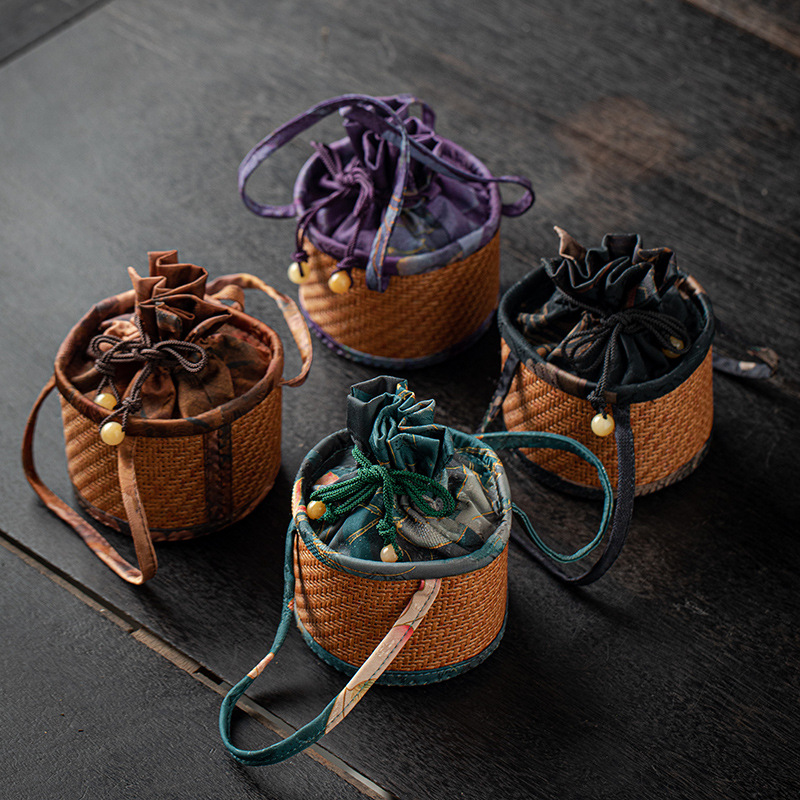 Túi đựng cốc trà họa tiết mây túi đựng cốc đơn Phong Cách Trung Quốc cổ điển cốc chủ nhân Túi đựng cốc Jianzhan Túi vải Miệng rút túi vải cotton lanh không khớp