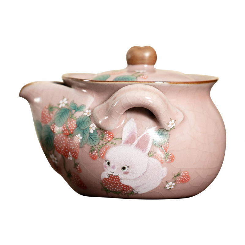 Ấm cầm tay gốm sứ Thỏ Dâu Tây lò Fenru, bát trà gia dụng dung tích lớn, dụng cụ pha trà đơn, ấm đơn trà
