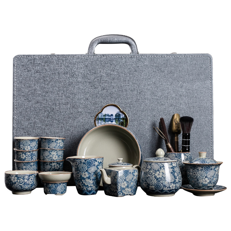 Bộ ấm trà Kung Fu bằng sứ xanh trắng bằng đất sét cũ, bộ ấm trà cốc trà có nắp đậy văn phòng kiểu Trung Quốc sang trọng nhẹ cho gia đình