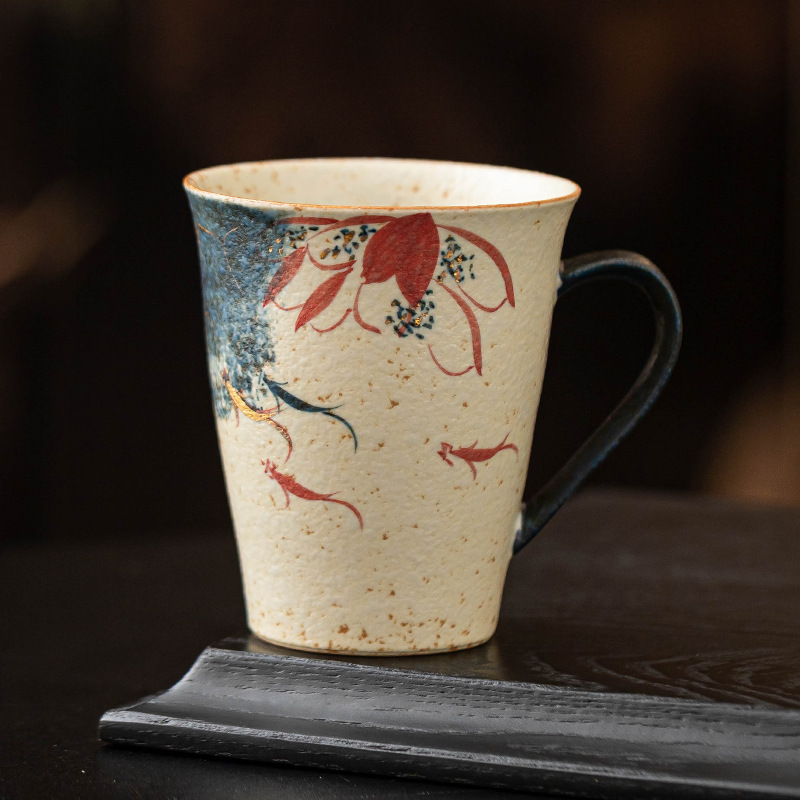 Cốc nước đỏ đá lửa trắng xanh cốc cao cấp tinh xảo sơn vàng vẽ tay hoa sen Koi cốc cà phê cốc trà cỡ lớn chống bỏng