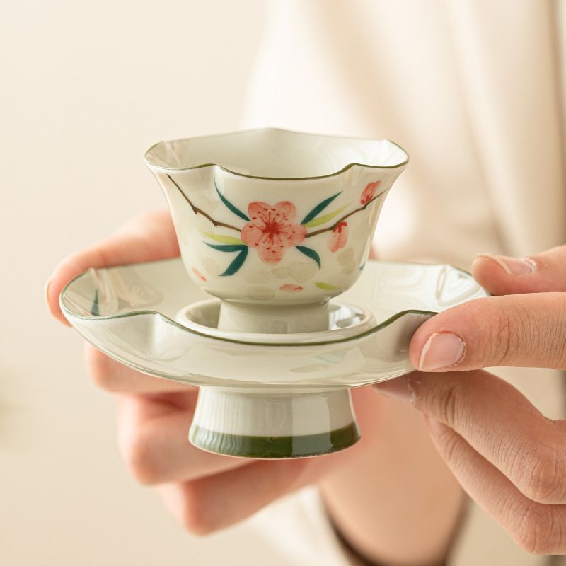 Bộ cốc và đĩa chân cao hoa đào vẽ tay cốc chủ nhân gốm sứ tinh xảo cao cấp cốc trà chuyên dụng cá nhân cốc trà bộ trà