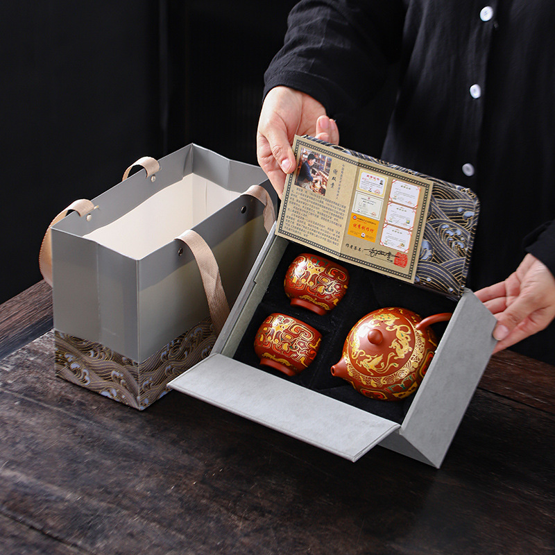 Ấm trà pha bùn cát tím cao cấp, ấm trà pha trà hai cốc, ấm trà đất sét tím, quà tặng công ty cho bố mẹ