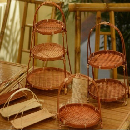 Kho lò nướng bánh tre đan thủ công bày bàn ăn trái cây lưu trữ đám cưới giỏ xách một lớp khay đa năng