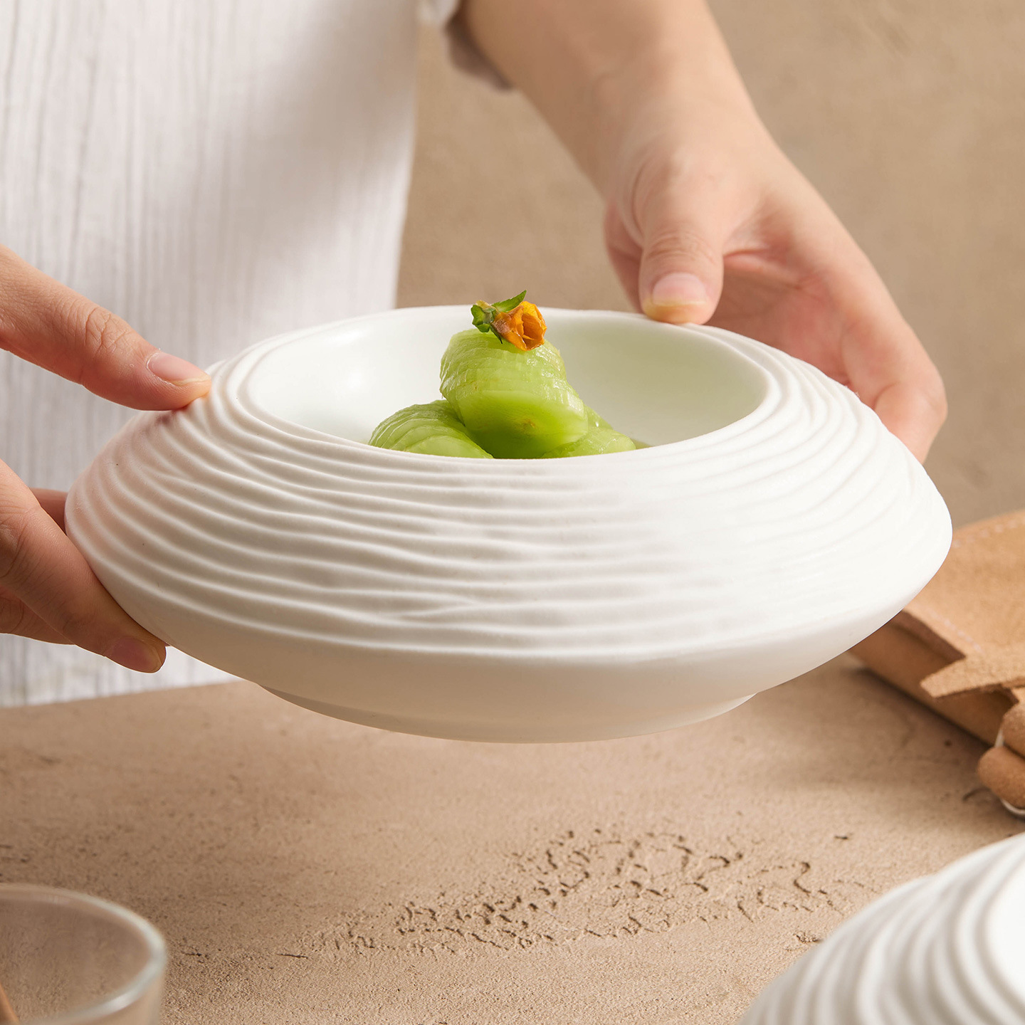 Đĩa gốm cách nhiệt mô hình sóng sữa chua, đĩa ẩm thực cao cấp, đĩa chấm, bộ đồ ăn khách sạn, đĩa tròn