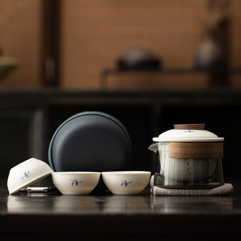 Bộ ấm trà du lịch gốm sứ hoa lan vẽ tay ấm trà thủy tinh di động ngoài trời ấm pha trà cốc nhanh làm quà lưu niệm