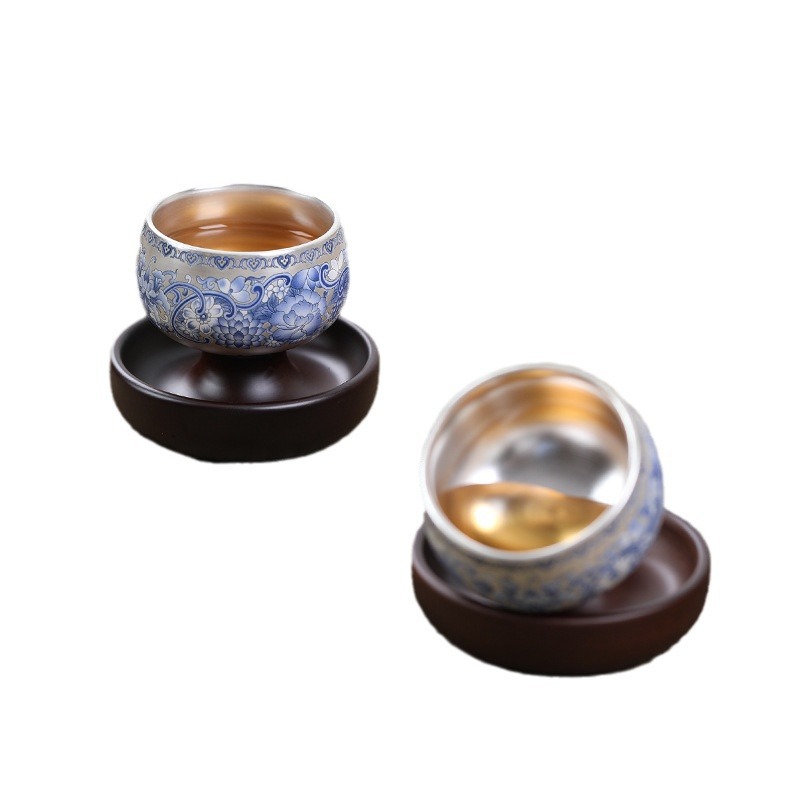 Bộ trà Kung Fu Quà tặng sinh nhật cho người lớn tuổi, cha và bạn bè, sản phẩm mới, cốc trà 999 bạc nguyên chất mạ vàng, cấp thực phẩm