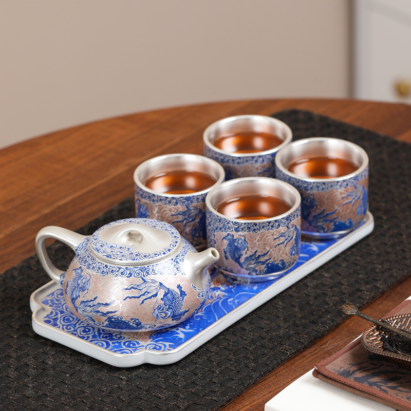 Bộ ấm trà Kung Fu mạ bạc như cá gặp nước Hộp quà cao cấp Quà tân gia cho lãnh đạo, người lớn tuổi, cha mẹ