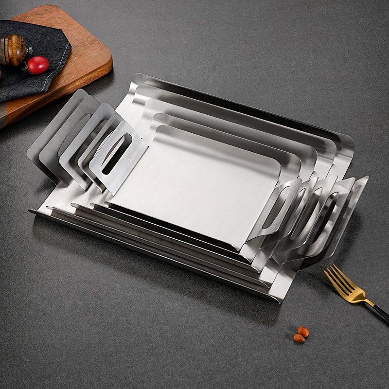 Khay inox Bắc Âu kiểu Hàn Quốc khay bánh mì nướng hai tai khay bánh ngọt khay trà hình chữ nhật khay phục vụ món ăn