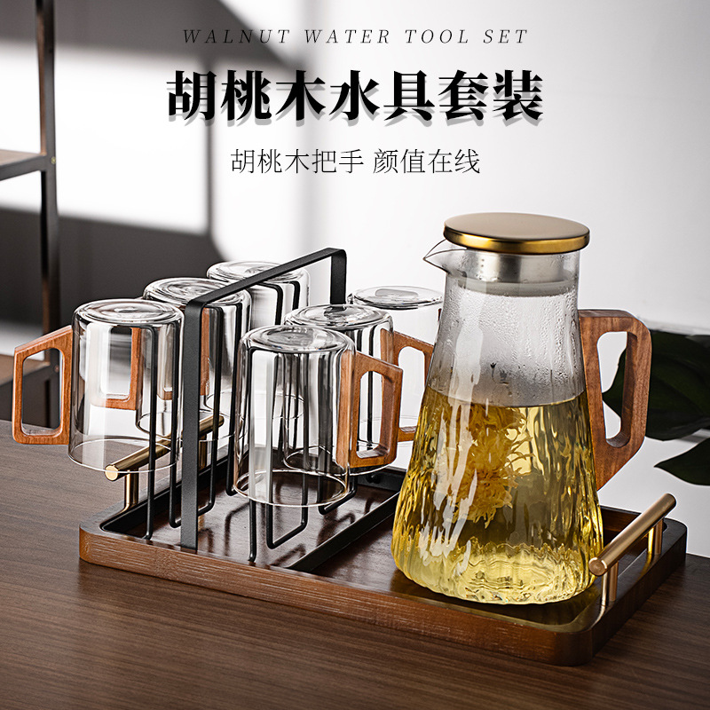 Bộ cốc nước thủy tinh gỗ óc chó cao cấp cốc trà gia dụng có tay cầm cốc uống nước chuyên dụng trà xanh