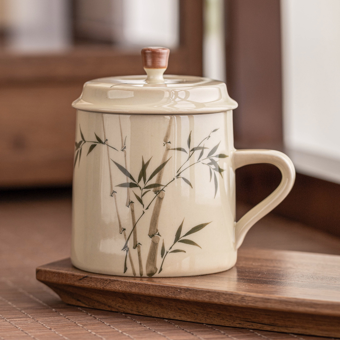 Ly sứ uống trà, cốc nước văn phòng hình măng tây xanh ngọc vẽ tay, cốc uống nước gia dụng dung tích lớn