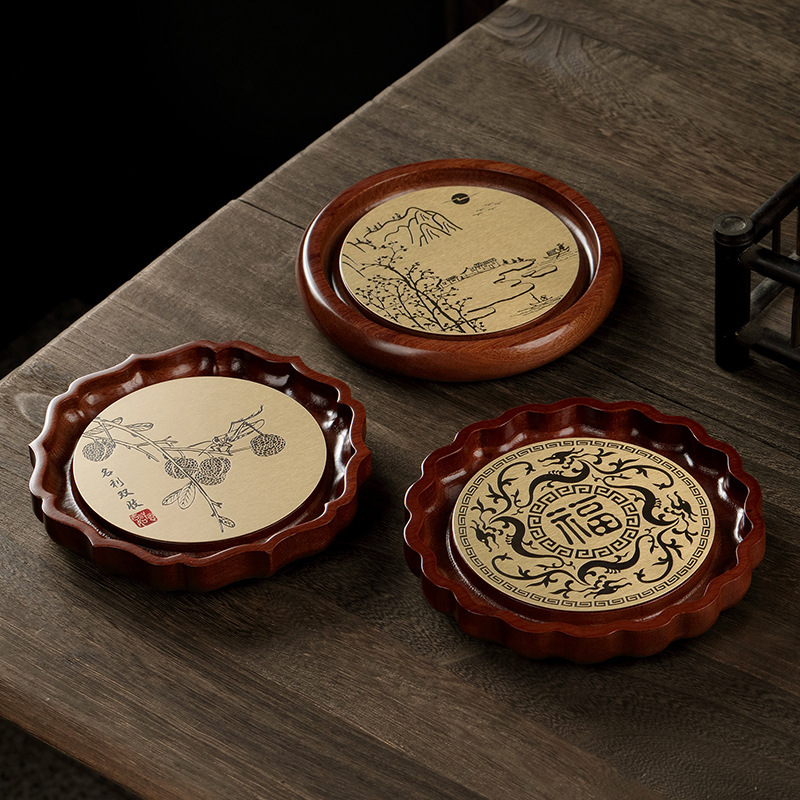 Bình gỗ cẩm lai gỗ nguyên khối chịu đựng hộp đựng đồ uống gia dụng hình tròn phụ kiện cốc trà lót ấm trà trà đạo lót ấm trà