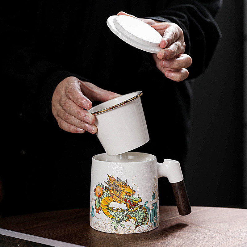 Cốc nước gốm sứ Ruilong Chengxiang cốc ba mảnh tách trà lọc có nắp