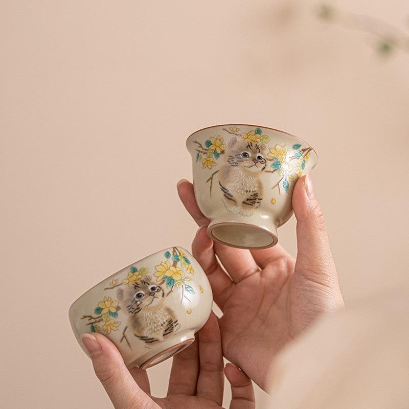 Cốc trà gốm sứ Ru kiln hình mèo, thích hợp cho bé gái, dùng cá nhân, cỡ lớn, cốc chính, cốc đơn, quà tặng.