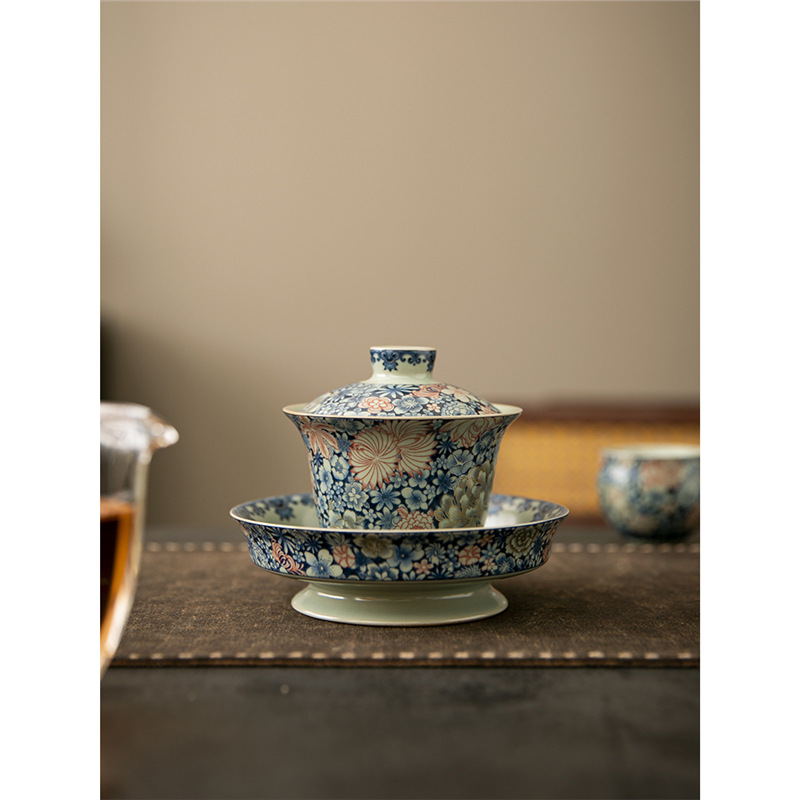 Bát trà cốc trà cốc tráng men màu xanh lam bát trà cao cấp có nắp Bộ trà Kung Fu cỡ lớn gia dụng