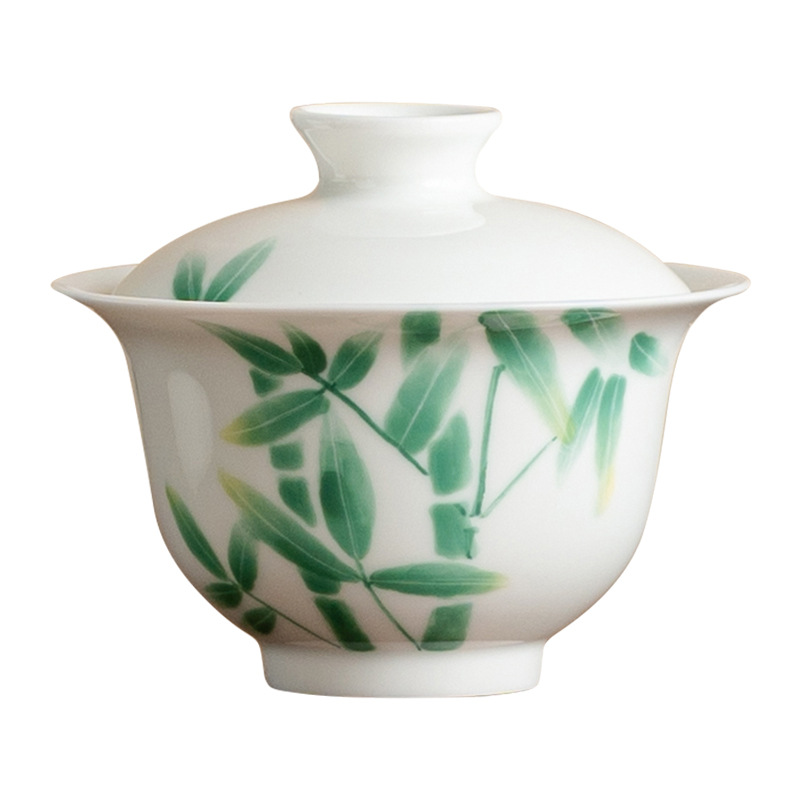 Bát trà lớn màu xám thực vật có nắp vẽ tay Lễ hội thời gian cao mưa có nắp chén trà dụng cụ trà kungfu gia dụng không nóng tay