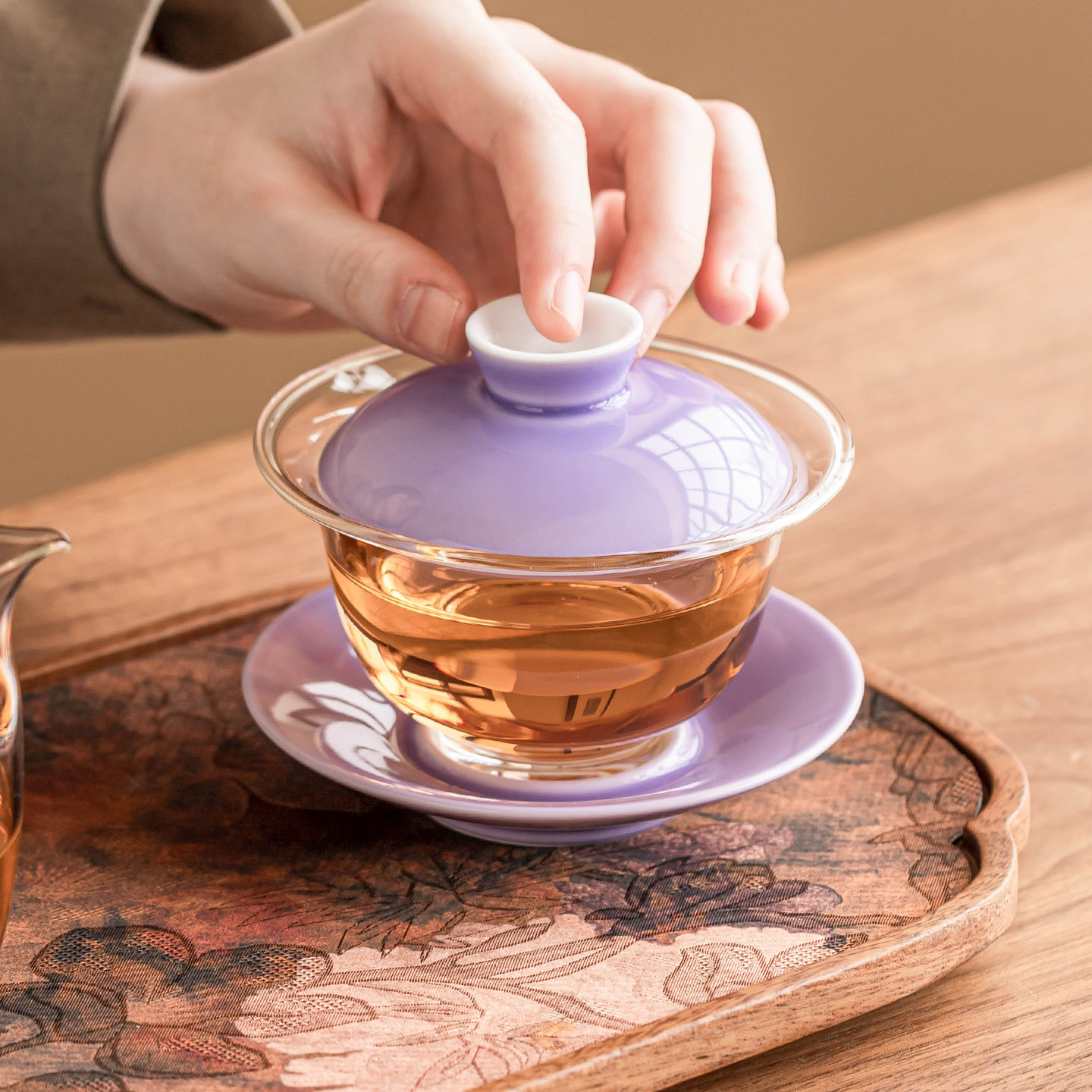 Bát tam tài kính tím tử đinh hương kiểu Trung Quốc, cốc trà có nắp gốm sứ, bộ trà cao cấp gia dụng