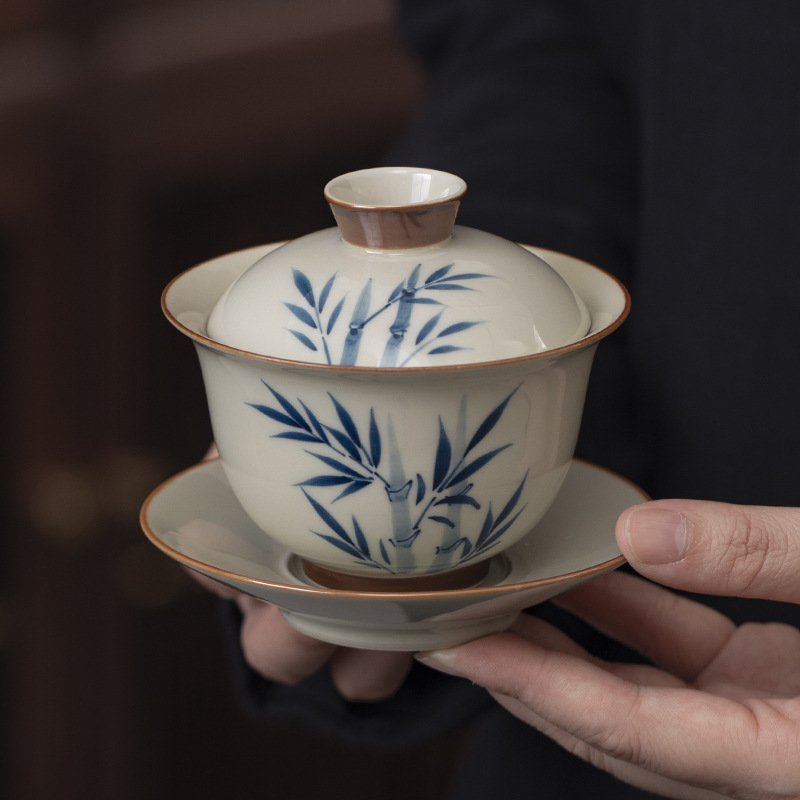Bộ ấm chén trà Kung Fu gốm sứ vẽ tay, chén trà có nắp Sancai, bộ ấm chén văn phòng nhà màu men lót