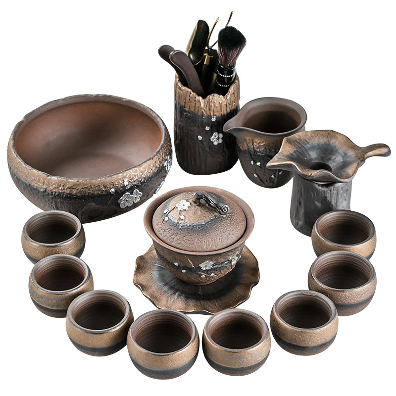 Bộ trà gốm thô mạ vàng kiểu Nhật Bộ trà Kung Fu nguyên bộ gốm sứ gia dụng văn phòng đơn giản có nắp ấm chén