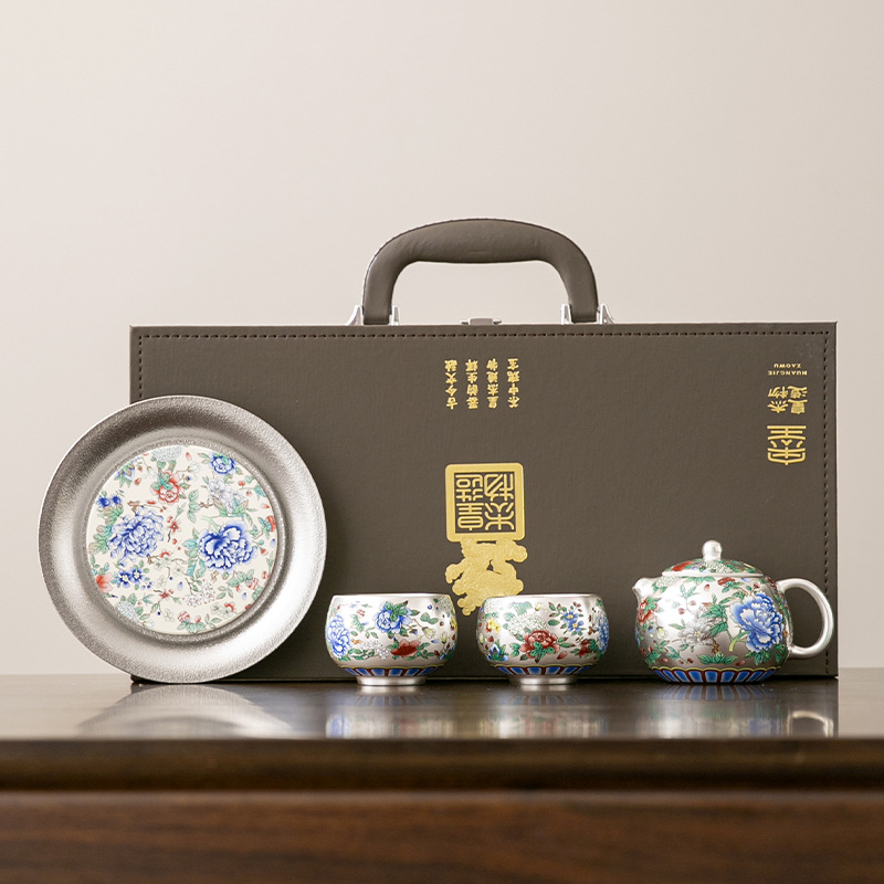 Bộ ấm chén trà Ru kiln bạc mạ vàng cao cấp, sang trọng, tiện dụng cho gia đình, gồm ấm, chén, nắp ấm, hộp quà tặng đầy đủ.