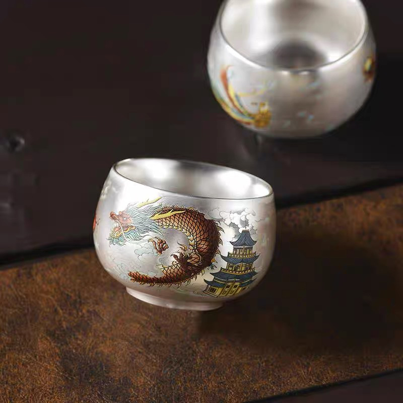 Zhou Hongjie Dragon and Phoenix Silver Cup Master Cup Silver Tea Cup Dragon and Phoenix Cup mạ bạc Cup 999 Silver Cup Home Cup