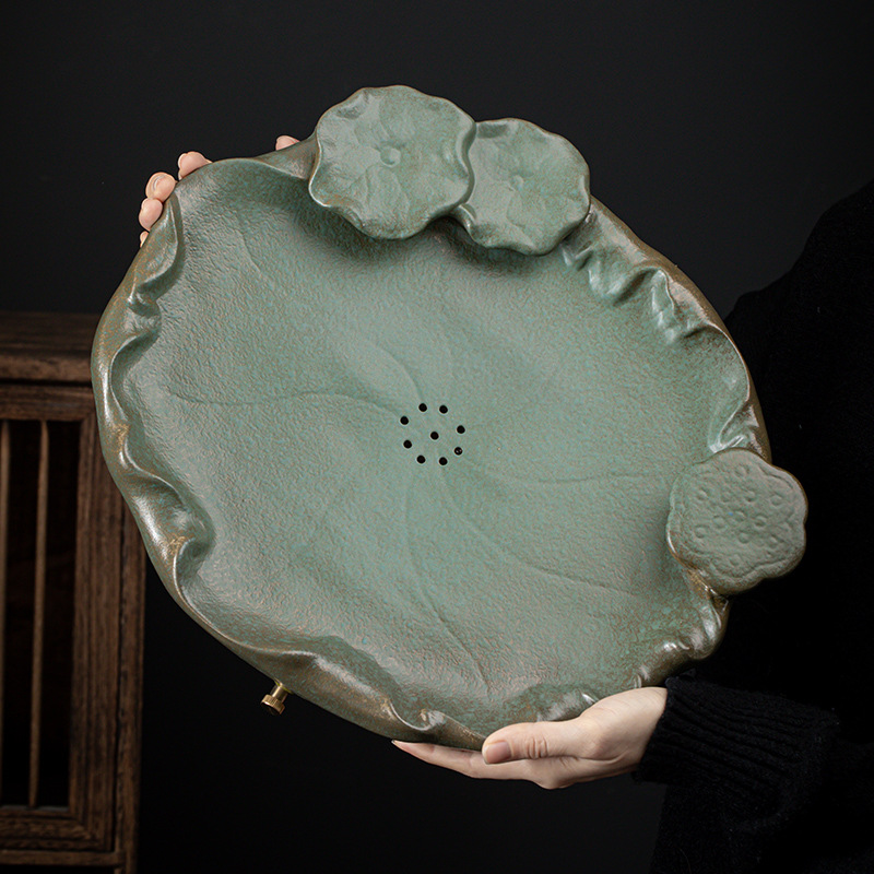 Khay Trà Hoa Sen tráng men mạ vàng kiểu Nhật, khay đựng gốm sứ, trữ nước, thoát nước, khay pha khô dùng kép, Khay trà bàn trà