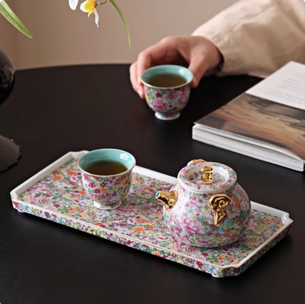 Hoa nở Cảnh Đức Trấn Men Ấm Trà Bộ Trà Gốm Cao Cấp Ánh Sáng Sang Trọng Ấm Trà Hộp Quà Tặng