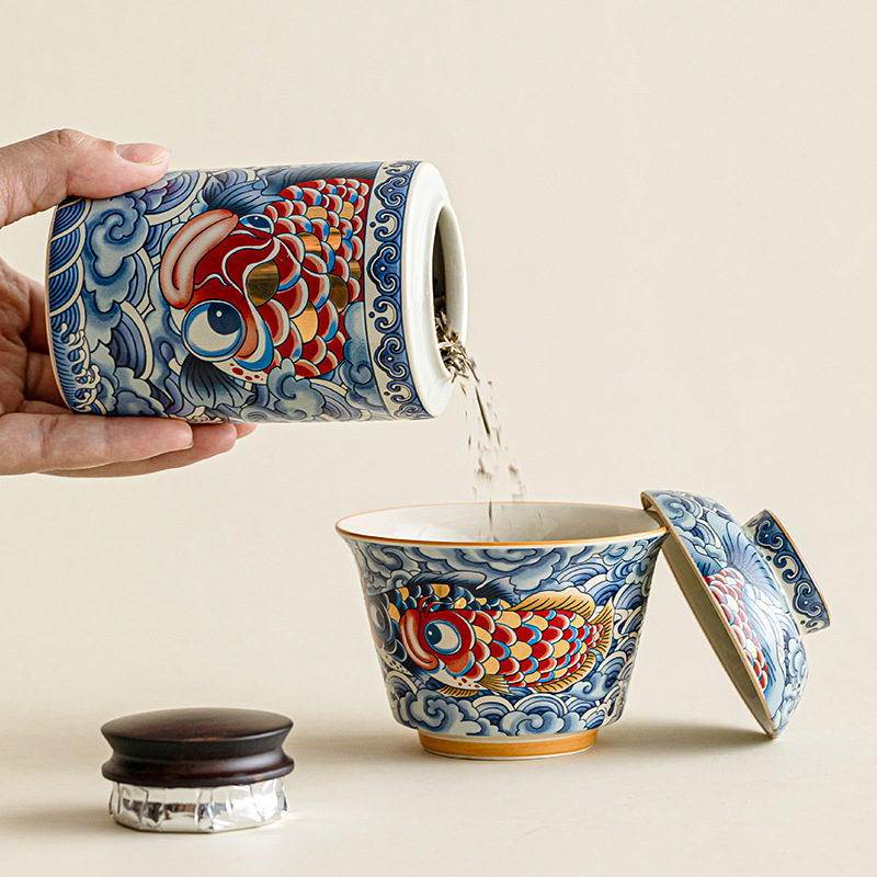 Bình đựng trà đầy màu sắc màu xám thực vật phong cách quốc gia, bình gốm kín, bình chống ẩm, phụ kiện bộ trà kho trà gia dụng Trung Quốc