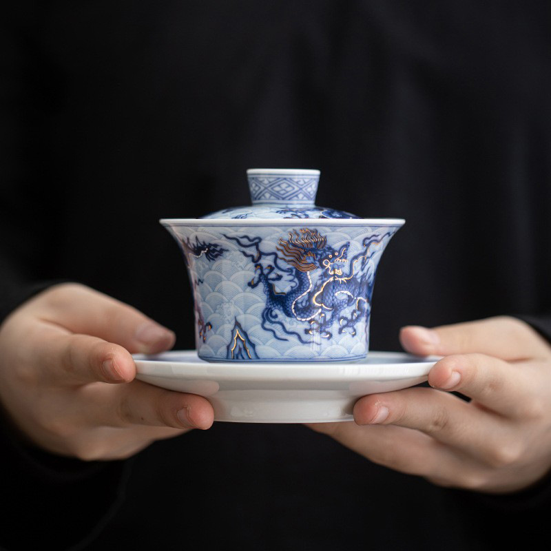 Bộ ấm trà Kung Fu Tenglong màu xanh và trắng gia dụng cổ điển không nóng tay cốc trà ba tài năng hộp quà cao cấp bán buôn