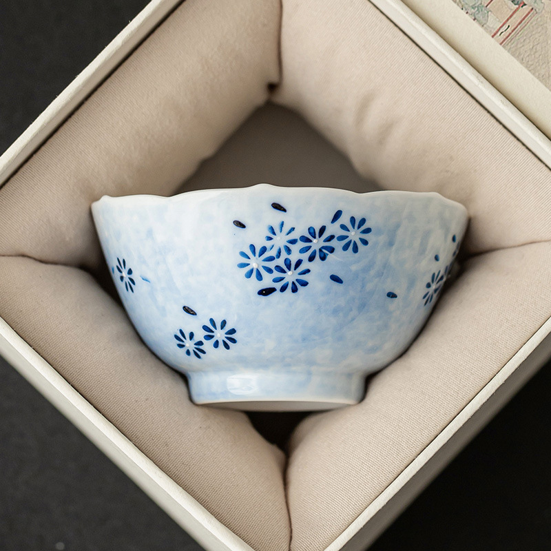 Cốc trà cổ điển màu xám thực vật cốc trà rắc hoa cúc xanh cốc miệng hướng dương cốc chủ nhân gốm sứ gia dụng cốc uống trà cốc trà đơn