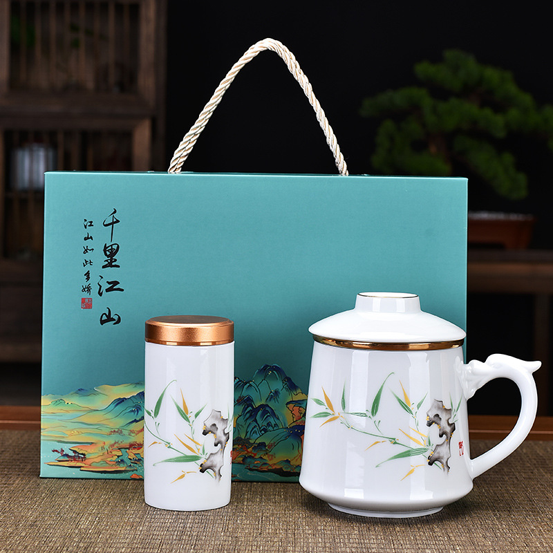 Cốc gốm sứ có nắp lọc pha trà cốc nước văn phòng sáng tạo bộ ba món quà bất động sản cho khách hàng