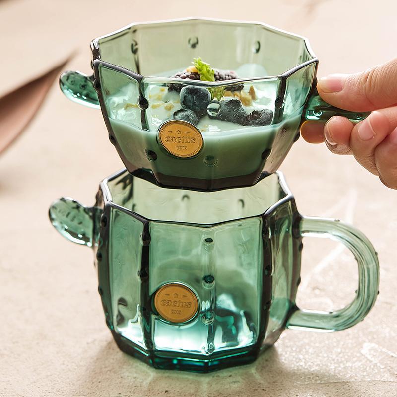 Cốc uống nước thủy tinh xương rồng cốc sữa gia dụng cốc nước trái cây xanh đậm sáng tạo cốc sữa chua cốc sữa đậu nành bữa sáng