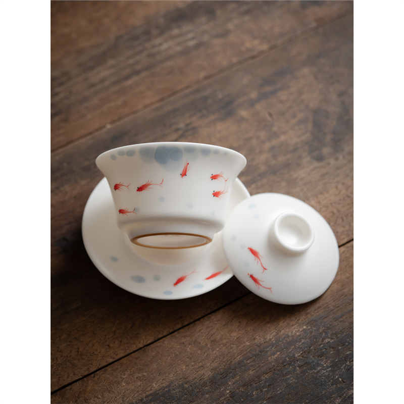 Cao cấp vẽ tay chơi cá lò Bairu ba cái nắp đậy bát pha trà gốm sứ cốc sứ Trung Quốc có nắp đơn chống bỏng