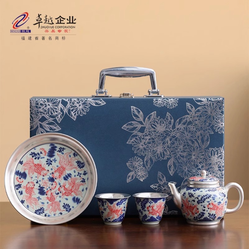 Hộp quà bộ ấm trà mạ bạc trắng xanh hàng năm