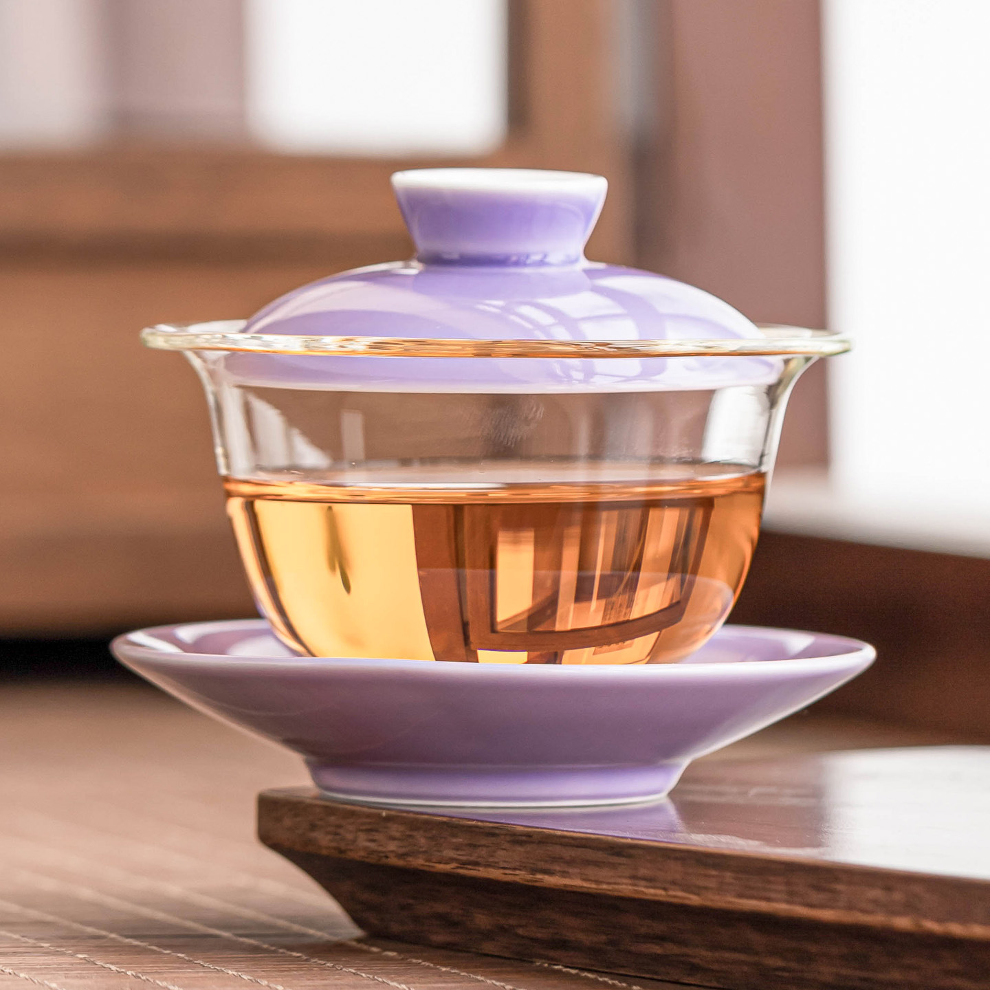 Bát tam tài kính tím tử đinh hương kiểu Trung Quốc, cốc trà có nắp gốm sứ, bộ trà cao cấp gia dụng