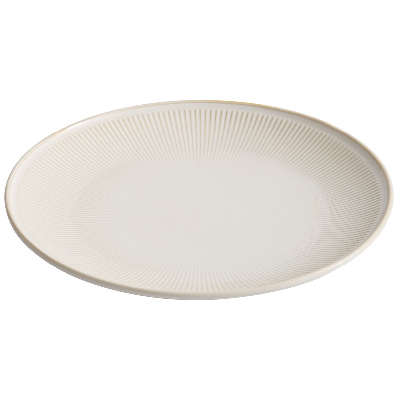 Đĩa màu be, đĩa dùng trong nhà, đĩa nông mang vẻ sang trọng, đĩa sứ cao cấp dùng cho món bò bít tết và món ăn kiểu Tây, đĩa tròn, mẫu mới 2025 dùng để bày món ăn.