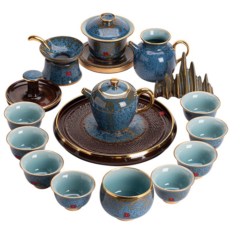 Bộ đồ pha trà Kung Fu tráng men lò sứ Zhang Jinxi Jun Bộ tách trà gốm cao cấp sang trọng văn phòng gia đình cao cấp quà tặng