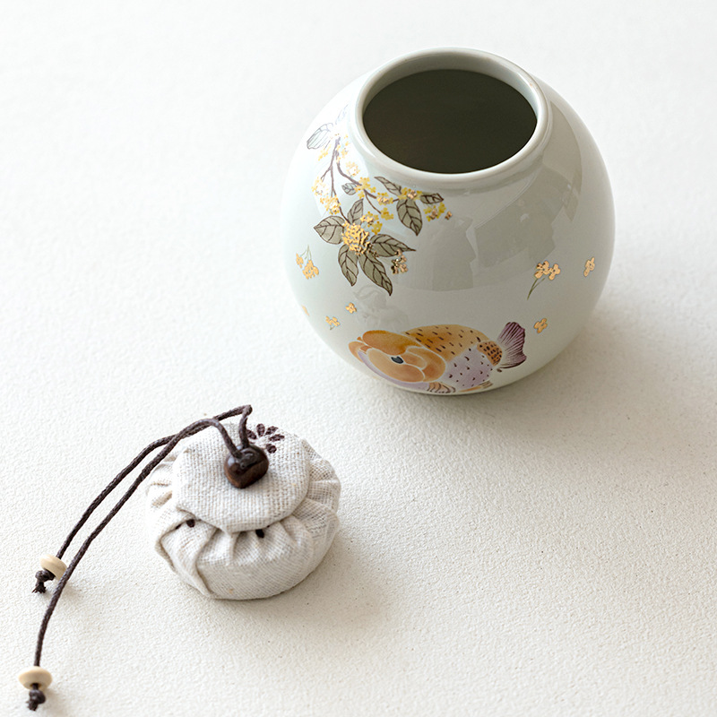 Thùng trà cá osmanthus vàng xám cỏ gió quốc gia, thùng kín gốm sứ gia dụng, thùng bảo quản di động ngoài trời, thùng chống ẩm